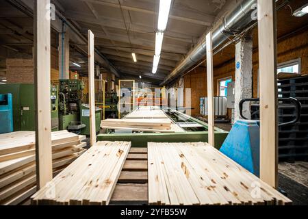 Eine große Holzbearbeitungsfabrik mit Stapeln frisch geschnittener Holzplatten, die für die Verarbeitung bereit sind und industrielle Effizienz und Präzision in einer guten Hand zeigen Stockfoto