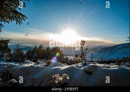 Winterlandschaft bei Sonnenuntergang Stockfoto