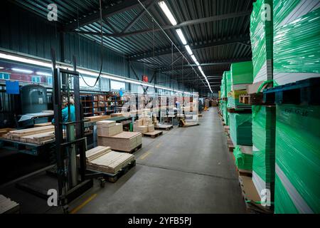 Eine große Holzbearbeitungsfabrik mit Stapeln frisch geschnittener Holzplatten, die für die Verarbeitung bereit sind und industrielle Effizienz und Präzision in einer guten Hand zeigen Stockfoto