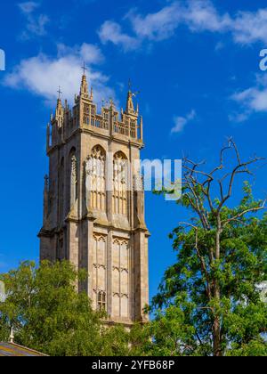 Der Turm der Church of St John the Baptist in Glastonbury, Somerset, England, stammt aus dem 15. Jahrhundert und wurde als denkmalgeschütztes Gebäude eingestuft Stockfoto