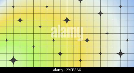 Y2K verschwommener Verlaufshintergrund mit linearem Raster und Sternformen. Coole abstrakte Bannervorlage in der Ästhetik der 2000er Jahre. Trendiges minimalistisches Vektordesign in Stock Vektor