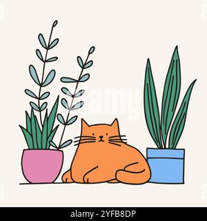 Niedliche Katze mit Topfpflanzen isoliert auf weißem Hintergrund. Kuschelige handgezeichnete Illustration im kindlichen Doodle-Stil Stock Vektor