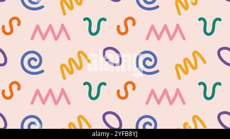 Einfacher kindlicher Hintergrund mit Doodle. Abstrakte, handgezeichnete Linien Formen nahtloses Muster. Lustige farbenfrohe Kulisse Stock Vektor