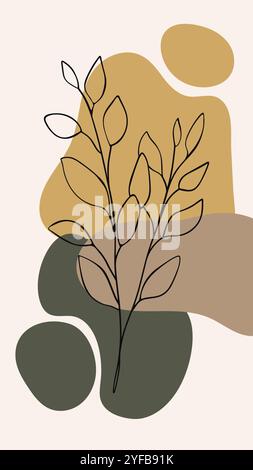 Boho-vertikales Poster mit botanischem Element und handgezeichneten Blobs. Ästhetische Social-Media-Bannervorlage in Pastellfarben Stock Vektor