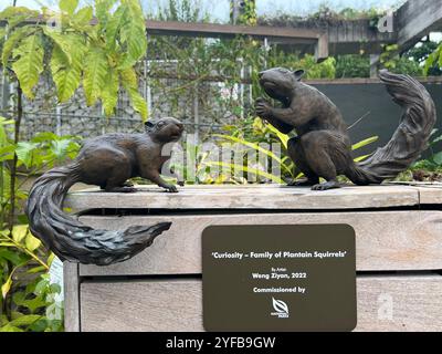 Visual Art Display Installation von niedlichen Plantain Eichhörnchen Haltung in Skulpturenform in Outdoor-Umgebung. Rifle Range Nature Park, Singapur. Stockfoto