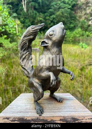 Visual Art Display Installation von niedlichen Plantain Eichhörnchen Haltung in Skulpturenform in Outdoor-Umgebung. Rifle Range Nature Park, Singapur. Stockfoto