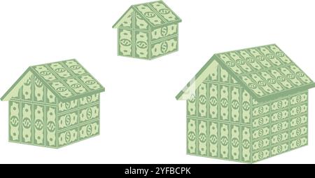 Haus aus Stapel oder Stapel Geld. Bankwesen, Finanzen, Darlehen, Hauspreiskonzept. Vektorillustration isoliert auf weißem Hintergrund. Stock Vektor