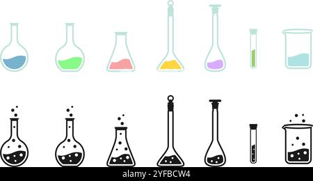 Konische Flasche Glasware Laborausrüstung Icon Set Vektor Illustration isoliert auf weißem Hintergrund. Stock Vektor