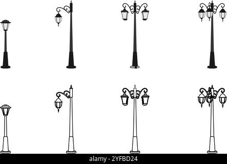 Straßenlaterne Symbol Set Vektorillustration isoliert auf weißem Hintergrund. Stock Vektor
