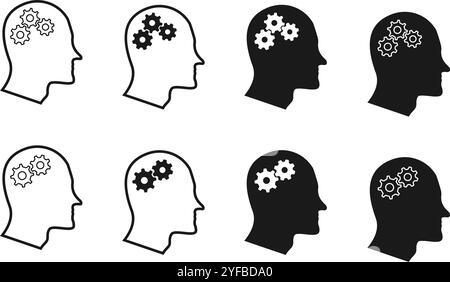Menschlicher Kopf mit Zahnrädern. Konzept für Brainstorming oder Realisierung von Fähigkeiten, Vektorillustration isoliert auf weißem Hintergrund. Stock Vektor