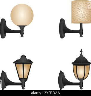 Wandlampe oder Gartenlampe im Freien Set Vektorillustration isoliert auf weißem Hintergrund. Stock Vektor