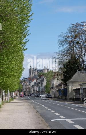 Saumur (Nordwestfrankreich): Blick auf die Stadt mit der „château de Saumur“ (Burg) im Hintergrund, Avenue du maréchal Foch Stockfoto