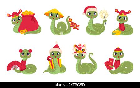 Chinesische Tierkreisschlangen. Sternzeichen-Maskottchen zur Neujahrsfeier, lustige festliche Zeichentrickfiguren, orientalisches Weihnachtssymbol 2025, süße asiatische Horoskop-Animata Stock Vektor