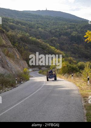 Dichte Waldberglandschaft im Sommer mit kurviger Straße, die durch den Wald führt Stockfoto