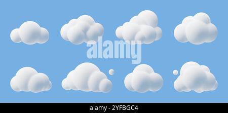 Cartoon 3D Wolken. Cumulus sprudelte Wolken im Kinderstil, weiße flauschige Renderobjekte, abgerundete geometrische Wolkenformen, niedliches Wetterelement, Meteorolo Stock Vektor