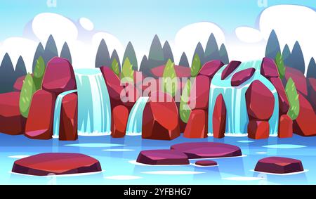 Felsiges Ufer des Sees mit Wasserfällen. Malerische Berglandschaft mit Teich, Naturecke, kaskadierenden Wasserbächen. Aqua fällt von Klippen. Cartoon Stock Vektor