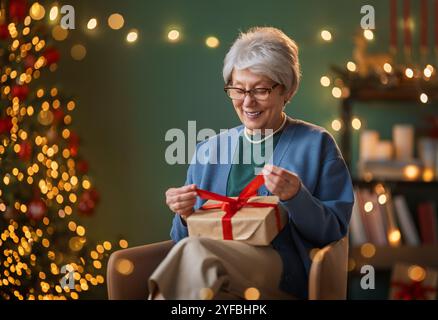 Frohe Weihnachten, Frohe Feiertage. Fröhliche ältere Frau, die ein Weihnachtsgeschenk bekommen hat. Stockfoto