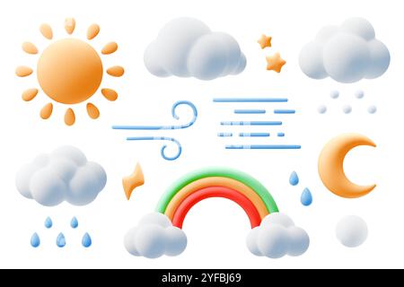 Comic 3D-Wettersymbole. Niedliche Sonne, Mond und Sterne, Wolken und Regenbogen im Kinderstil aus Plastilin. Halbmond- und Windsymbol. Dreidimensionale Tonhülle Stock Vektor