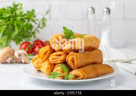 Pfannkuchen oder dünne Crepes, gefüllt mit Hühnchen und Pilzen auf einem Teller Stockfoto