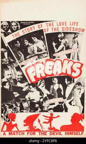 Dwain Esper präsentiert Freaks (MGM 1932, Excelsior Pictures, Reissue 1949). Window Card - ein Film aus dem Jahr 1932 von Tod Browning über eine Zirkussideshow Stockfoto