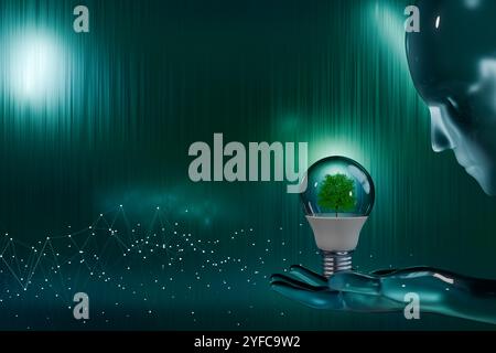 Eine futuristische Hand hält eine Glühbirne mit einem grünen Baum, die Nachhaltigkeit und Innovation symbolisiert. 3D-Rendering Stockfoto