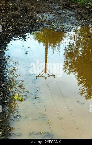 Eine schlammige Pfütze reflektiert einen Strommast und Äste auf einer Feldstraße Stockfoto