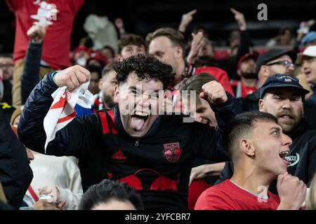 Harrison, USA. November 2024. Die Fans reagieren während des Spiels zwischen den New York Red Bulls und der Columbus Crew in der 1. Runde der MLS Audi Cup Playoffs in der Red Bull Arena in Harrison, NJ am 3. November 2024. Gemäß den von MLS festgelegten Regeln besteht die erste Runde der Playoffs aus den besten von 3 Spielen. Jedes Spiel muss mit einem Elfmeterschießen für einen der Gegner enden, falls das Spiel in einem Unentschieden endet. Red Bulls haben bei Elfmeterschießen gewonnen. (Foto: Lev Radin/SIPA USA) Credit: SIPA USA/Alamy Live News Stockfoto