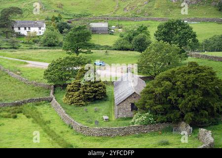 Blick hinunter auf die St. Martin's Church (Old Church) in Martindale von The Path to Steel Knotts, Lake District National Park, Cumbria, England, Großbritannien. Stockfoto