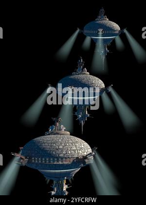 Futuristische Illustration nicht identifizierter außerirdischer Raumschiffe mit komplizierten Strukturen und Lichtern. Stockfoto