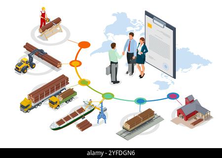 Isometrisches Exportieren Von Holz. Globales Logistiknetzwerk. Schienenfracht Holz, Frachtschiff wird mit Baumstämmen beladen, LKW mit Anhänger mit Baum beladen Stock Vektor