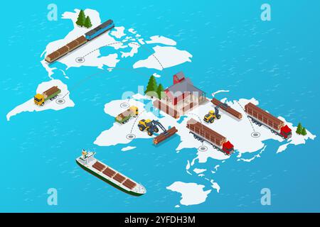 Isometrisches Exportieren Von Holz. Globales Logistiknetzwerk. Schienenfracht Holz, Frachtschiff wird mit Baumstämmen beladen, LKW mit Anhänger mit Baum beladen Stock Vektor