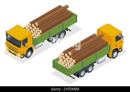 Isometrischer Lkw mit Anhänger mit Baumstämmen. Ein leistungsstarker Sattelauflieger mit einem großen Sattelzugwagen transportiert ein Bündel Baumstämme auf einem speziellen Anhänger Stock Vektor