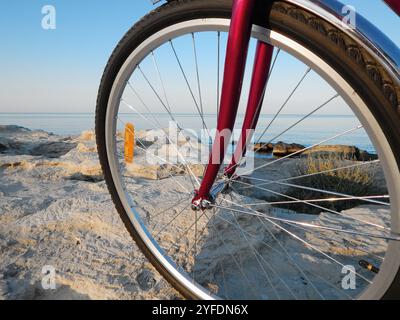 Hintere Fahrradnabe. Nahaufnahme. Vor dem Hintergrund einer felsigen Küste. Stockfoto