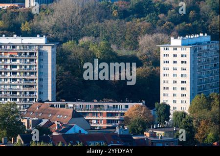 Hochwinkelpanorama über Sozialwohnungen mit grüner Umgebung in Ganshoren, Brüssel-Hauptstadt, Belgien, 24. OKT 2024 Stockfoto