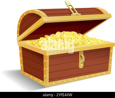 Geöffnete Holzkiste mit goldenen Münzen Stock Vektor