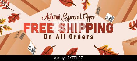 Herbstlaub und Versandpaket. Herbst-Sonderangebot kostenloser Versand auf allen Bestellungen Webbanner Vorlage Vektor Illustration. Stock Vektor