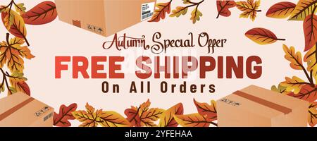 Herbstlaub und Versandpaket. Herbst-Sonderangebot kostenloser Versand auf allen Bestellungen Webbanner Vorlage Vektor Illustration. Stock Vektor