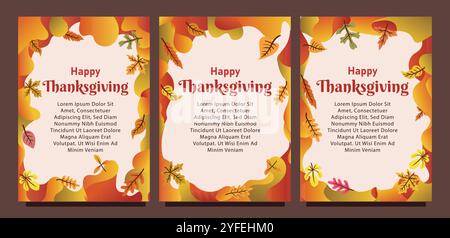 Kreative Thanksgiving-Karte mit abstraktem flüssigem Hintergrund und Blättern. Druckgrößensatz für das Konzept der Vorlage für die Geschenkkarte. Flüssiger abstrakter Hintergrund Stock Vektor