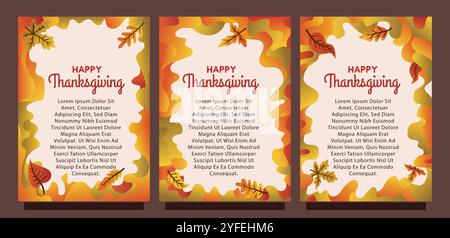 Kreative Thanksgiving-Karte mit abstraktem flüssigem Hintergrund und Blättern. Druckgrößensatz für das Konzept der Vorlage für die Geschenkkarte. Flüssiger abstrakter Hintergrund Stock Vektor