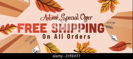 Herbstlaub und Versandpaket. Herbst-Sonderangebot kostenloser Versand auf allen Bestellungen Webbanner Vorlage Vektor Illustration. Stock Vektor