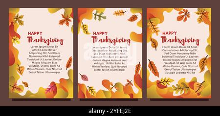 Kreative Thanksgiving-Karte mit abstraktem flüssigem Hintergrund und Blättern. Druckgrößensatz für das Konzept der Vorlage für die Geschenkkarte. Flüssiger abstrakter Hintergrund Stock Vektor