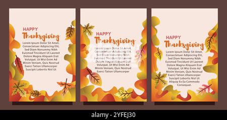 Kreative Thanksgiving-Karte mit abstraktem flüssigem Hintergrund und Blättern. Druckgrößensatz für das Konzept der Vorlage für die Geschenkkarte. Flüssiger abstrakter Hintergrund Stock Vektor