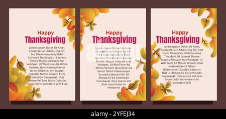 Kreative Thanksgiving-Karte mit abstraktem flüssigem Hintergrund und Blättern. Druckgrößensatz für das Konzept der Vorlage für die Geschenkkarte. Flüssiger abstrakter Hintergrund Stock Vektor
