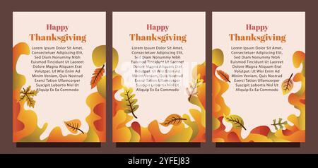 Kreative Thanksgiving-Karte mit abstraktem flüssigem Hintergrund und Blättern. Druckgrößensatz für das Konzept der Vorlage für die Geschenkkarte. Flüssiger abstrakter Hintergrund Stock Vektor