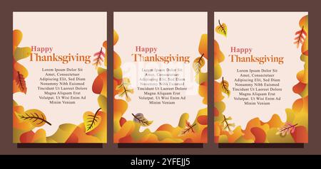 Kreative Thanksgiving-Karte mit abstraktem flüssigem Hintergrund und Blättern. Druckgrößensatz für das Konzept der Vorlage für die Geschenkkarte. Flüssiger abstrakter Hintergrund Stock Vektor