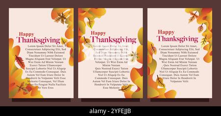 Kreative Thanksgiving-Karte mit abstraktem flüssigem Hintergrund und Blättern. Druckgrößensatz für das Konzept der Vorlage für die Geschenkkarte. Flüssiger abstrakter Hintergrund Stock Vektor