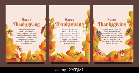 Kreative Thanksgiving-Karte mit abstraktem flüssigem Hintergrund und Blättern. Druckgrößensatz für das Konzept der Vorlage für die Geschenkkarte. Flüssiger abstrakter Hintergrund Stock Vektor