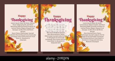 Kreative Thanksgiving-Karte mit abstraktem flüssigem Hintergrund und Blättern. Druckgrößensatz für das Konzept der Vorlage für die Geschenkkarte. Flüssiger abstrakter Hintergrund Stock Vektor