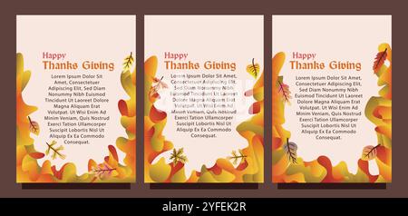 Kreative Thanksgiving-Karte mit abstraktem flüssigem Hintergrund und Blättern. Druckgrößensatz für das Konzept der Vorlage für die Geschenkkarte. Flüssiger abstrakter Hintergrund Stock Vektor