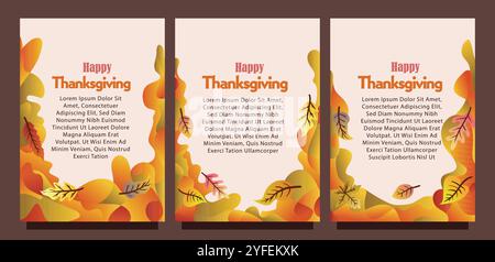 Kreative Thanksgiving-Karte mit abstraktem flüssigem Hintergrund und Blättern. Druckgrößensatz für das Konzept der Vorlage für die Geschenkkarte. Flüssiger abstrakter Hintergrund Stock Vektor